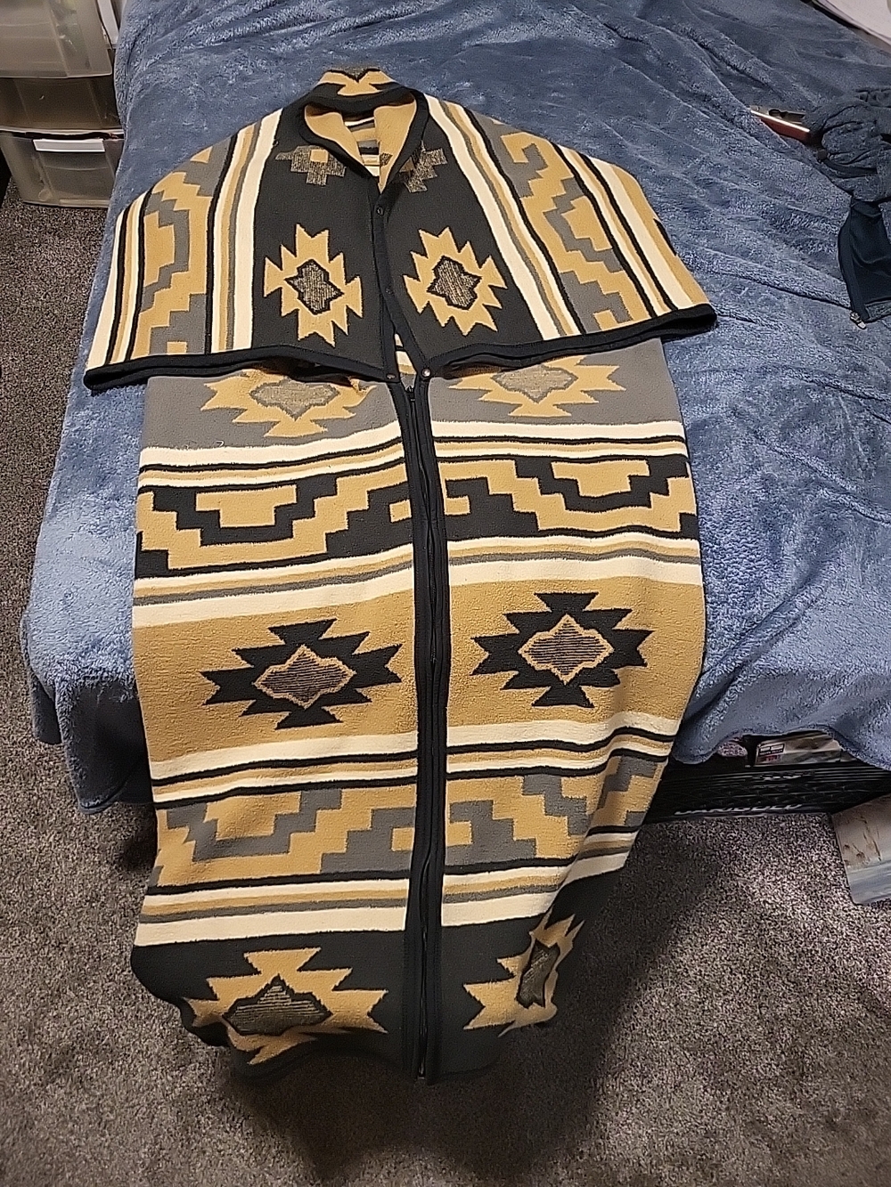Geometric Aztec Zip Poncho Cardigan in Mustard and Black